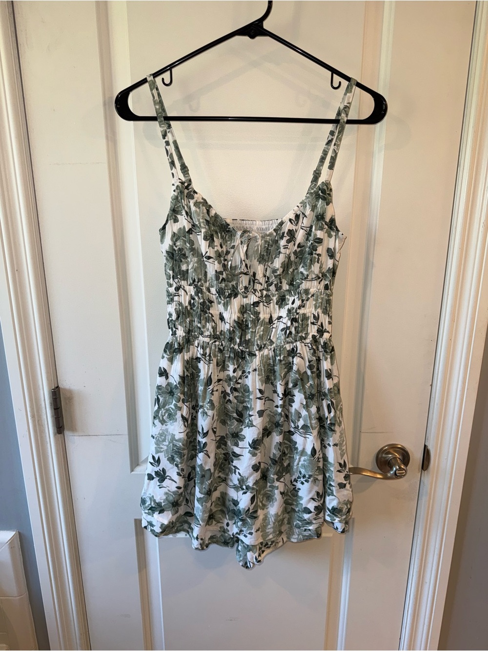 Hollister White Floral Smocked Romper with Green Print